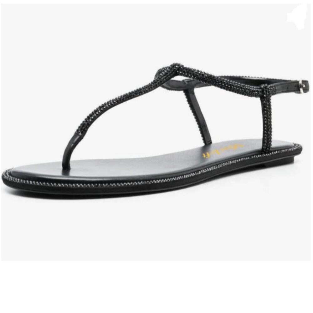 miss left Black Rhinestone T-Strap Open Clip Toe Flip Flops Glitter Thong Sandal
